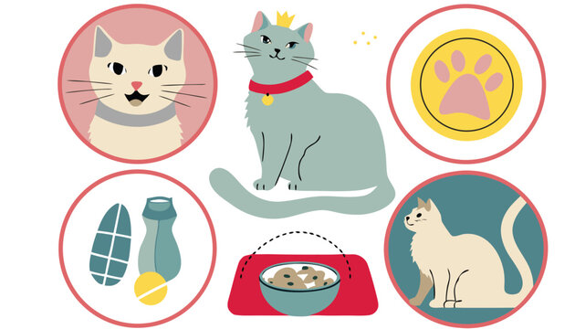 Collection of Cute Cat Illustrations and Pet Care Items for Animal Lovers and Pet Owners
