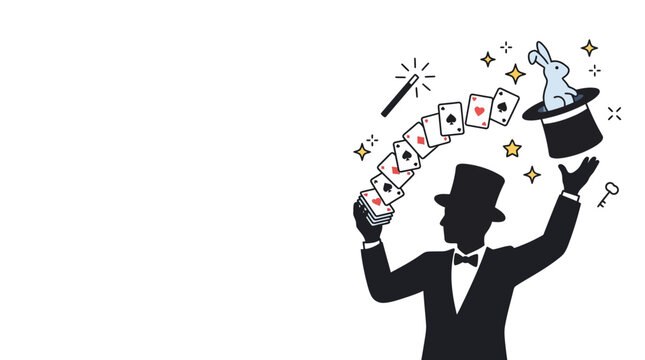 Magician Performing Magic Trick with Cards and Rabbit in Hat