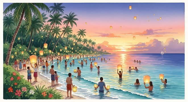 People celebrating with floating lanterns on a tropical beach at sunset.