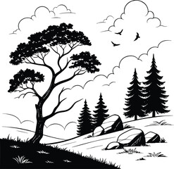 Fototapeta premium Black and white landscape, tree silhouette, forest scenery, vector illustration, nature background