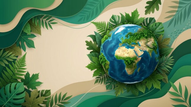 Lush green Earth surrounded by tropical leaves and abstract organic shapes, a vibrant eco-design.
