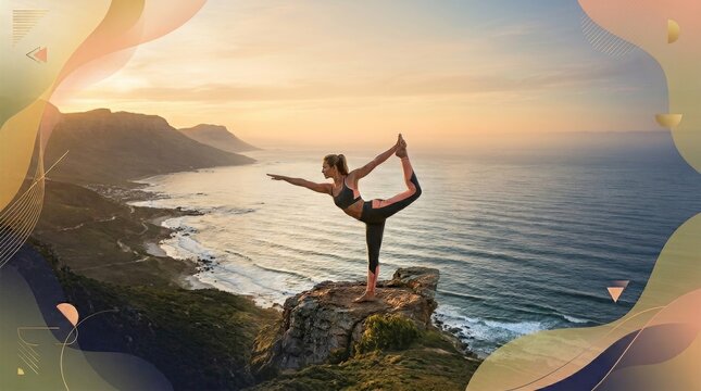 Fit young woman in athletic wear balances in a yoga pose on a cliff overlooking the ocean at sunset.