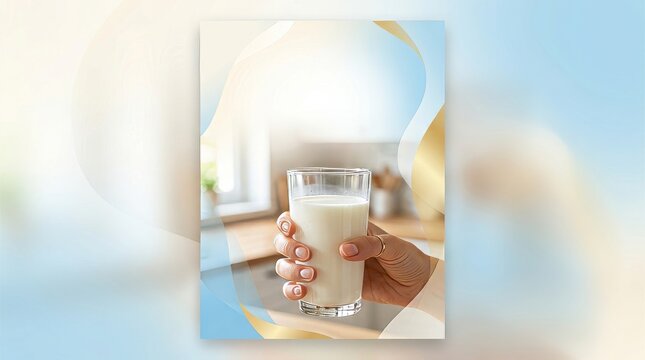 Woman's hand holding a glass of milk in a kitchen