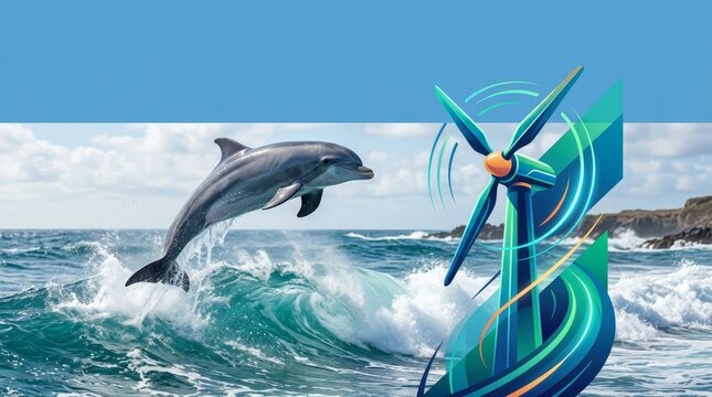 Dolphin leaping from ocean waves near offshore wind turbine on rocky coast