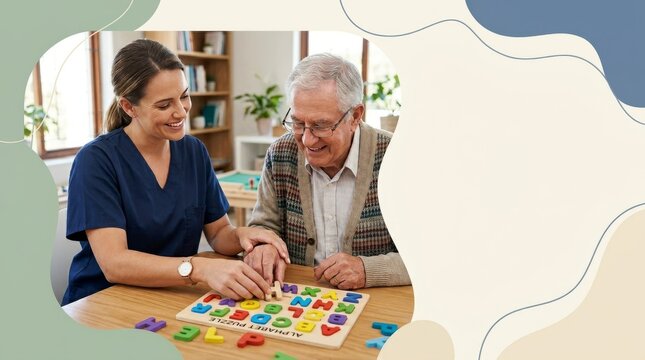 A young female caregiver in scrubs and an elderly man with glasses smile while playing an alphabet puzzle in a brightly lit room.
