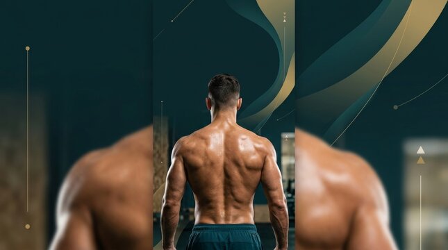 Muscular man in gym shorts standing with back to camera in a gym.