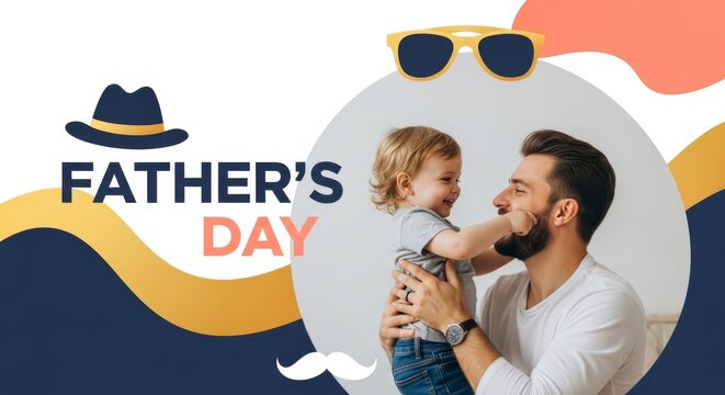Father and child in casual clothing hugging and playing indoors with festive graphics.