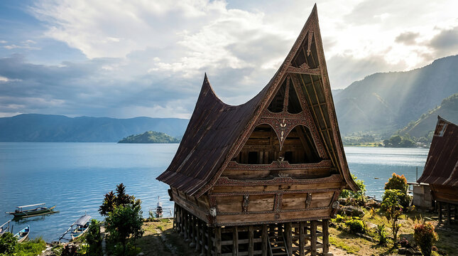 Traditional Batak Toba House (Rumah Adat) Overlooking Scenic Lake Toba with Mountain Backdrop and Sunlight in North Sumatra, Indonesia