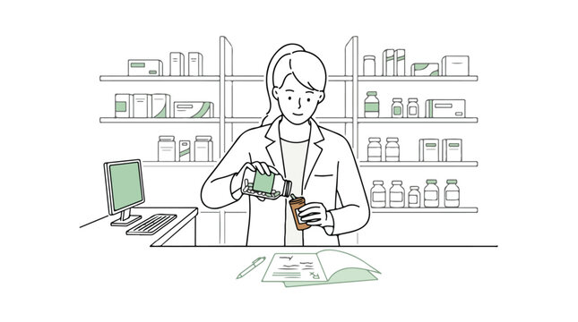 Professional female pharmacist dispensing medication in pharmacy, medical worker in white coat at drugstore counter, healthcare vector illustration