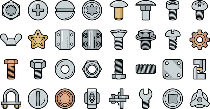 Screw Bolt and Nut Hardware Color Line Icon Set with Fasteners Washers Rivets Threaded Rods and Wrench Symbols for Construction and Mechanical Engineering DesignsScrew Bolt and Nut Hardware Color Line
