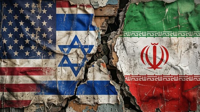 Distressed flags of America Israel and Iran displayed on a crumbling wall with heavy texture detail