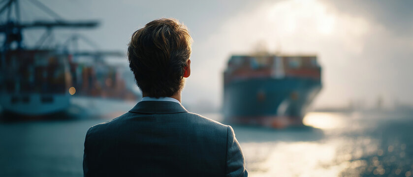 Ambition Afloat: A determined businessman gazes out at a vast shipping port, massive cargo ships silhouetted against a sunrise, symbolizing global trade and ambitious ventures.