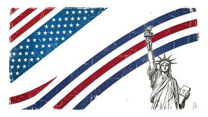 Statue of Liberty stands prominently alongside abstract American flag stripes in this patriotic design. © Adam