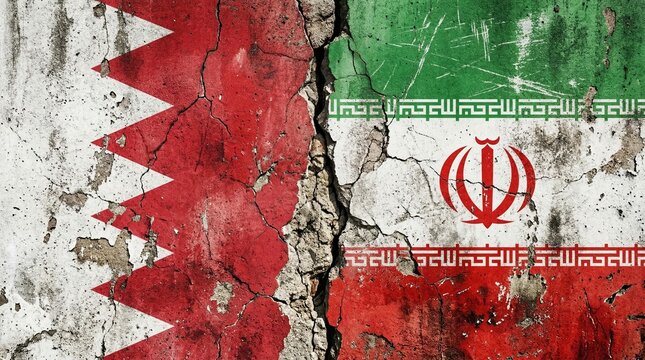 Weathered concrete wall featuring the national flags of Bahrain and Iran divided by deep cracks
