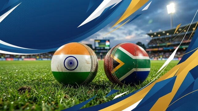 India and South Africa cricket balls on grassy field with stadium background.
