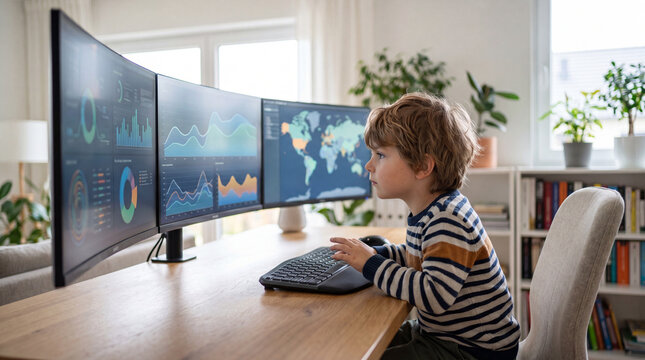 Gen Beta Child Focused on Computer Screens at Home, Future Generation, Generation Alpha, Digital Childhood, Gifted Child, Attention, Learning and Modern Technology Concept