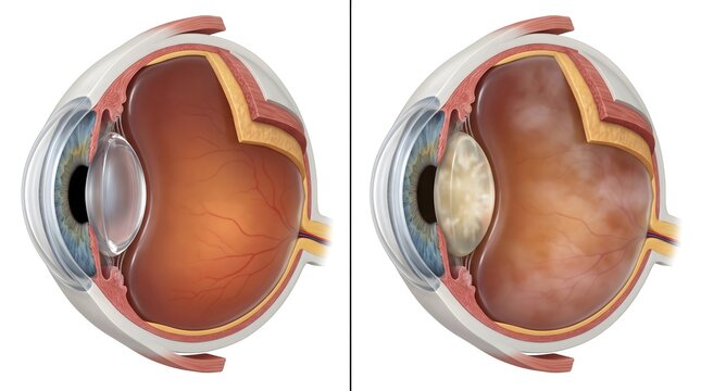 Medical illustration comparing healthy human eye cross-section with cataract lens clouding and vision impairment anatomy