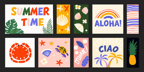 Tropical summer themed vector illustrations with shells crabs and rainbow backgrounds vacation holiday beach seashell © Bithi