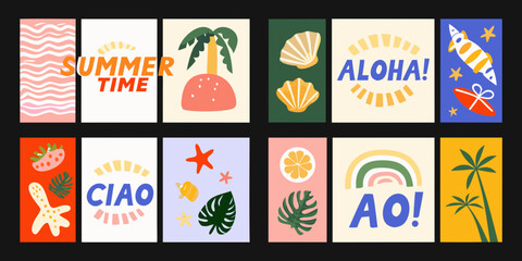 Collection of summer themed vector illustrations with tropical fruits seashells and beach elements illustration fruit © Bithi