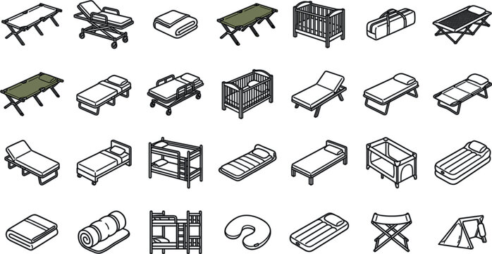 Camp Bed and Portable Sleeping Gear Line Icon Set with Folding Cots Hospital Stretchers Bunk Beds Cribs Sleeping Bags and Inflatable Mattresses for Travel DesignsCamp Bed and Portable Sleeping Gear Li