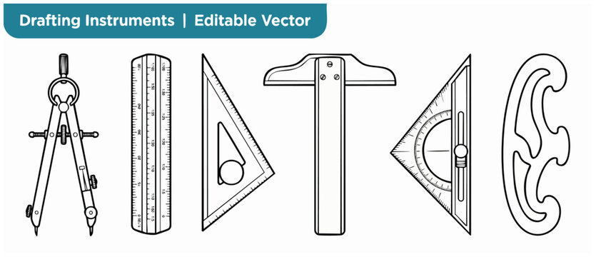Drafting tools vector icon set with architect drawing instruments including compass ruler and t-square for engineering design layout and technical geometric blueprint isolated on white background art.