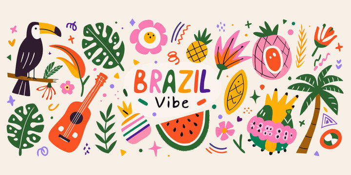 Tropical floral ornament with toucan fruits and musical instruments hand drawn vector illustration banana pineapple