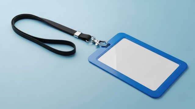 Blue plastic ID card holder with black lanyard
