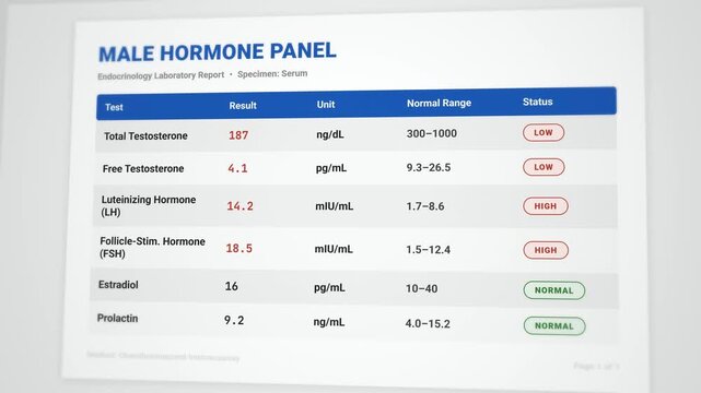 Detailed animated male hormone panel report template: interactive testosterone test results with low androgen and high gonadotropin values flagged