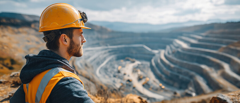 Miner at Work: A miner wearing a yellow hard hat and reflective vest gazes out over a vast open-pit mine, symbolizing the challenging yet essential work of resource extraction.