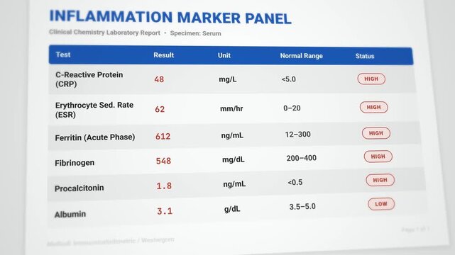 Detailed animated inflammation marker panel report template: interactive CRP and ESR test results with elevated infection values flagged
