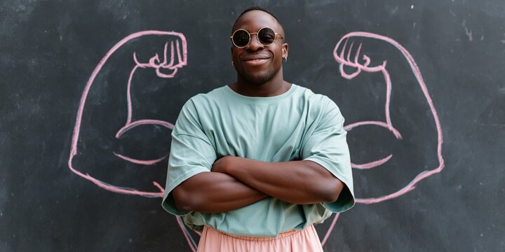 Confident young man with sunglasses and crossed arms in front of chalkboard muscles illustration for empowerment banner background and playful strength concept