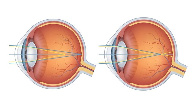 Diagram illustrating the refraction of light rays within the human eye for normal vision and hyperopia