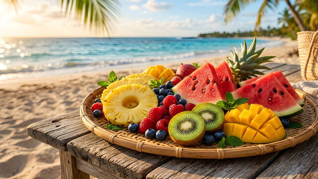 Vibrant tropical fruit platter featuring watermelon pineapple raspberries blueberries and more against a sunny beach backdrop
