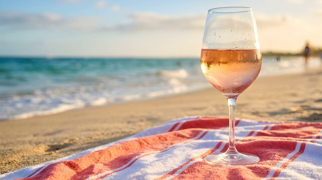Sip the taste of summer with a ros wine glass on a vibrant beach towel framed by a blissful sandy shore