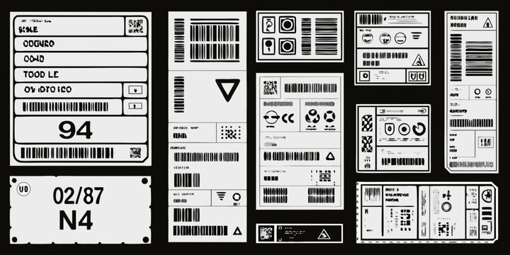 Shipping label collection monochromatic vector illustration with barcodes and warning symbols barcode labels packaging logistics