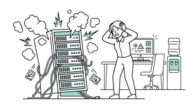 Stressed IT specialist with broken server rack, technical system failure in data center, frustrated woman engineer during network crash vector