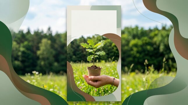 A young person in casual clothing holds an oak sapling in a pot with green forest background.  Hand holding young plant with hope in a lush meadow.