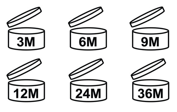 Period after opening PAO symbol set, cosmetic shelf life icons for product packaging, 6 black line vector jars with month duration labels