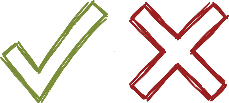 Green check mark and red cross sign hand drawn symbols isolated on transparent background