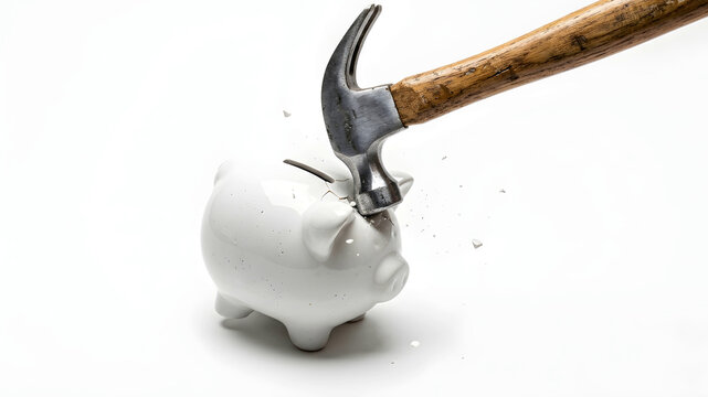 Smash piggy bank hammer hitting solid white background high-key lighting minimalist clean style decisive bold mood