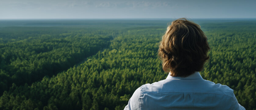 Man Gazing Over Vast Forest: A solitary man, viewed from behind, contemplates an expansive, unbroken horizon of lush green forest under a clear, bright sky, evoking a sense of awe and perspective.
