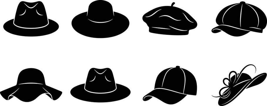 Set of Hat Silhouettes Featuring Fedora, Sun Hat with Bow, Beret, Newsboy Cap, Baseball Cap, Flat Brim Hat, and Ornate Fascinator Styles