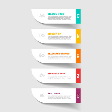 Modern business infographic template with five numbered colorful vertical tabs, icons, and text blocks. Vector illustration.