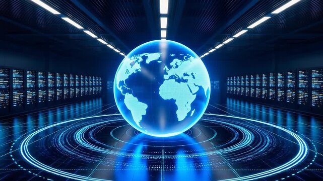 Globe in server room with digital patterns