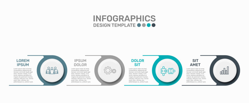 Modern business infographic template featuring four circular steps with line icons and text. Vector illustration.
