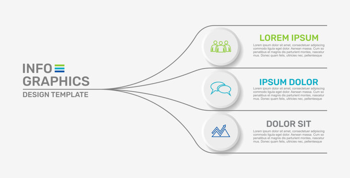 Modern business infographic template with three circular steps branching from a single point. Vector illustration.