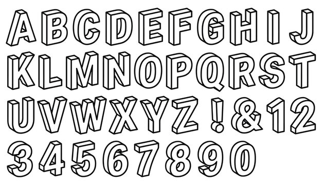 Isometric 3D alphabet vector set, black and white outline font collection, block letters and numbers for coloring and graphic design