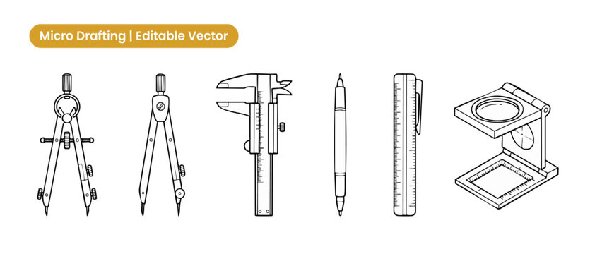 Drafting tools vector icons set with precision measurement compass, sliding caliper, engineering ruler, technical drawing pen and magnifier glass for architectural design blueprinting schematics.