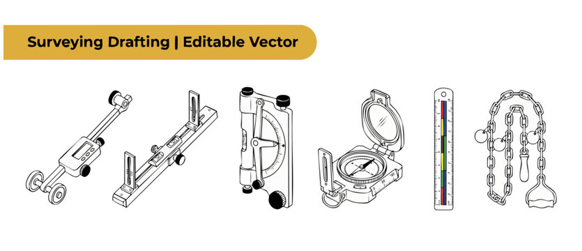 Surveying equipment line art vector illustration set featuring vintage compass, alidade instrument, clinometer, scale ruler, planimeter and measuring chain tools isolated on clean white background.