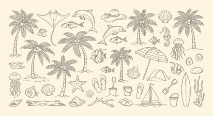 Obraz premium Summer Beach Symbols Collection: Palm Trees, Dolphins, Sun, Sea Life, Camping Icons